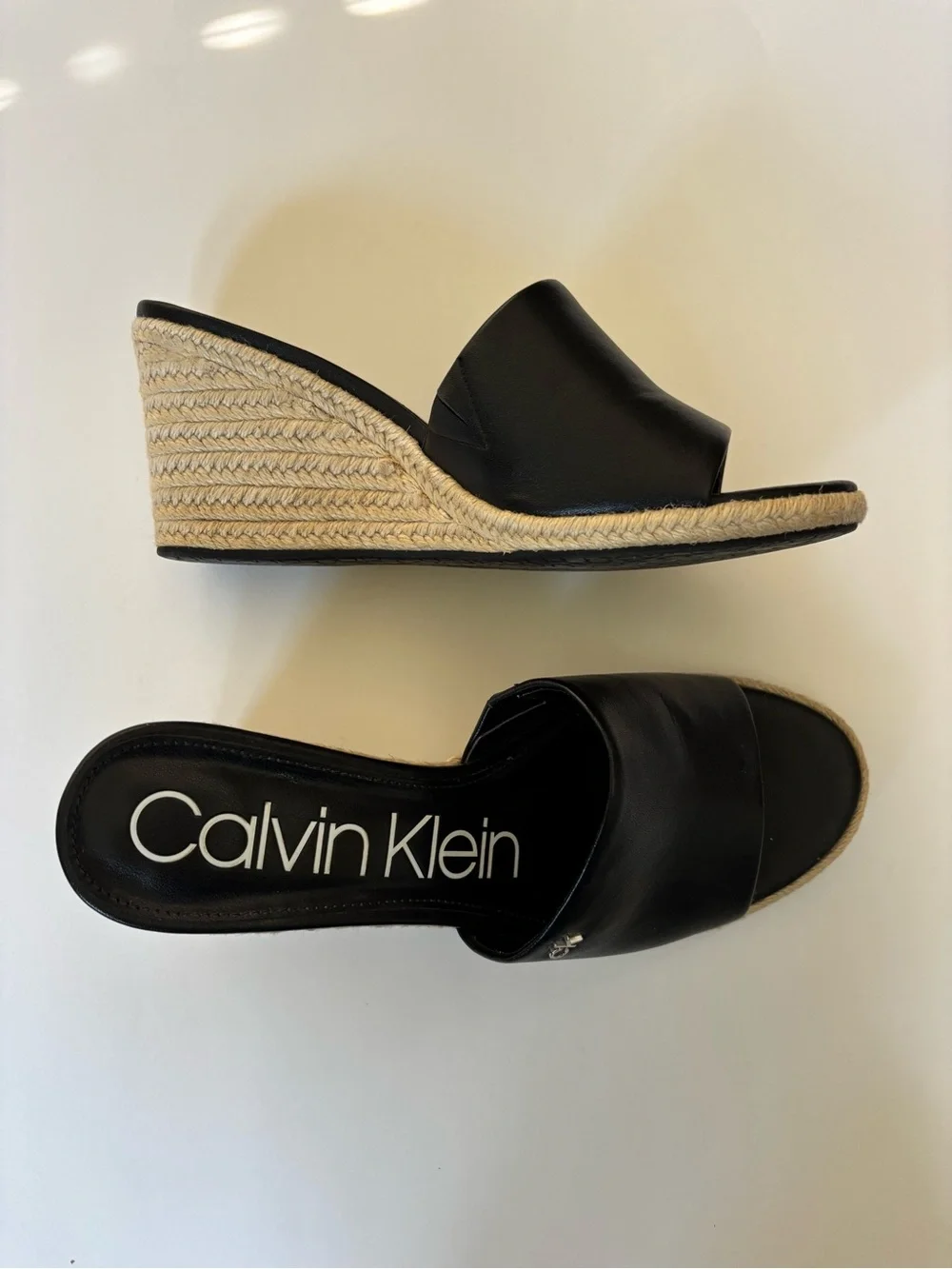 Calvin Klein Black Leather Bandera Wedge Espadrille Slide Sandal 3-1/2” Heel 8